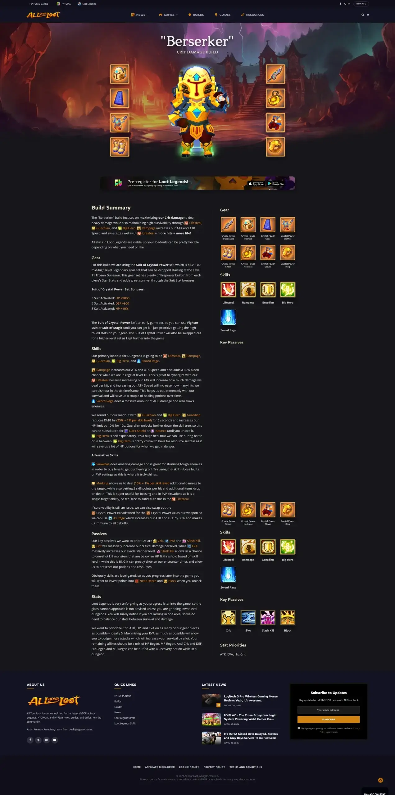Loot Legends builds page design