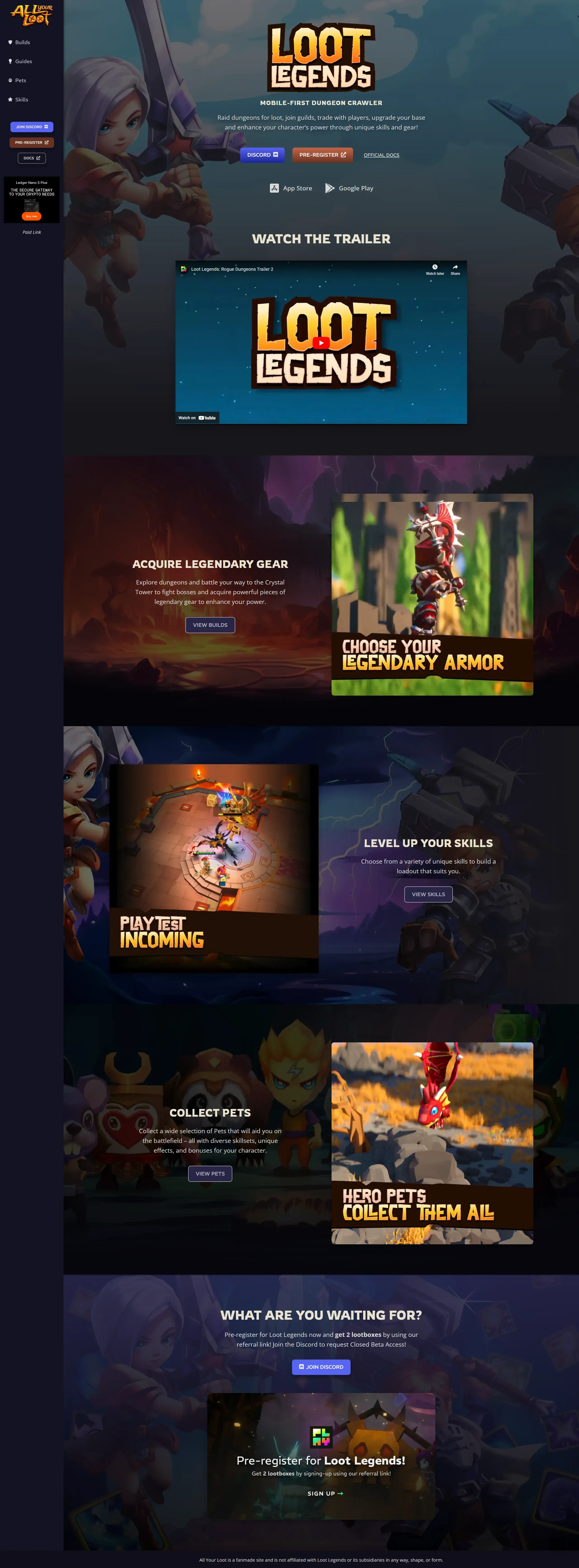 Loot Legends landing page design
