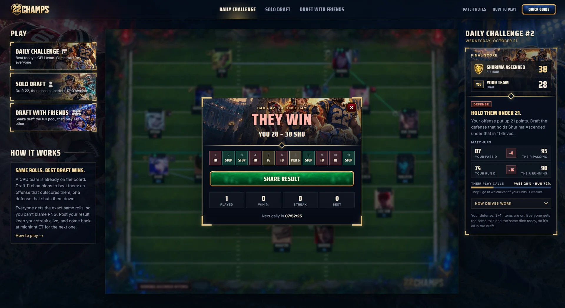 A daily result: the drive-by-drive strip, the score, and the countdown to the next challenge.