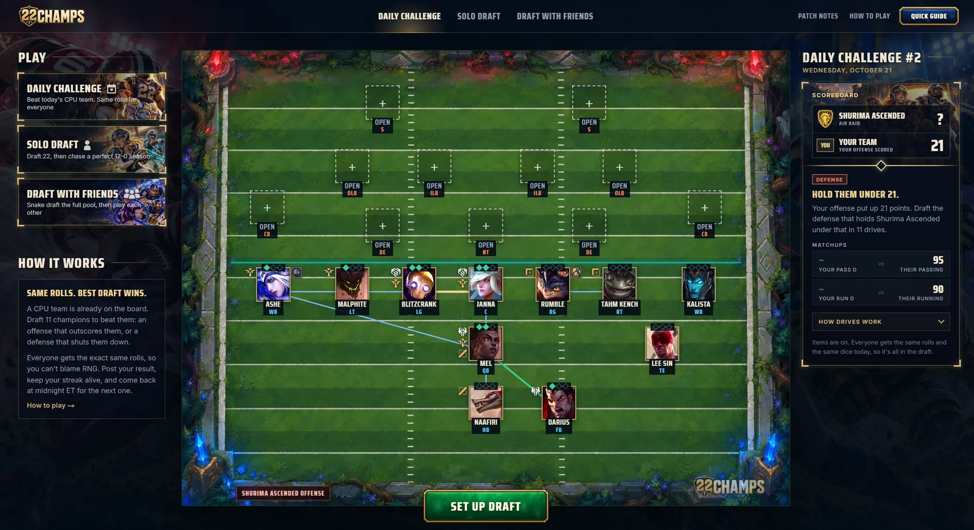 Daily Challenge #2, a defense day: your offense has put up 21, and you draft the defense that holds Shurima Ascended's Air Raid under it. The panel on the right shows the matchups - their passing and running against your pass and run defense - before you draft a single player.