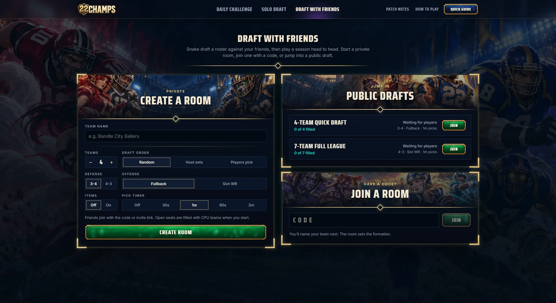 The Draft with Friends hub: create a private room, join one by code, or take a seat in a public draft.
