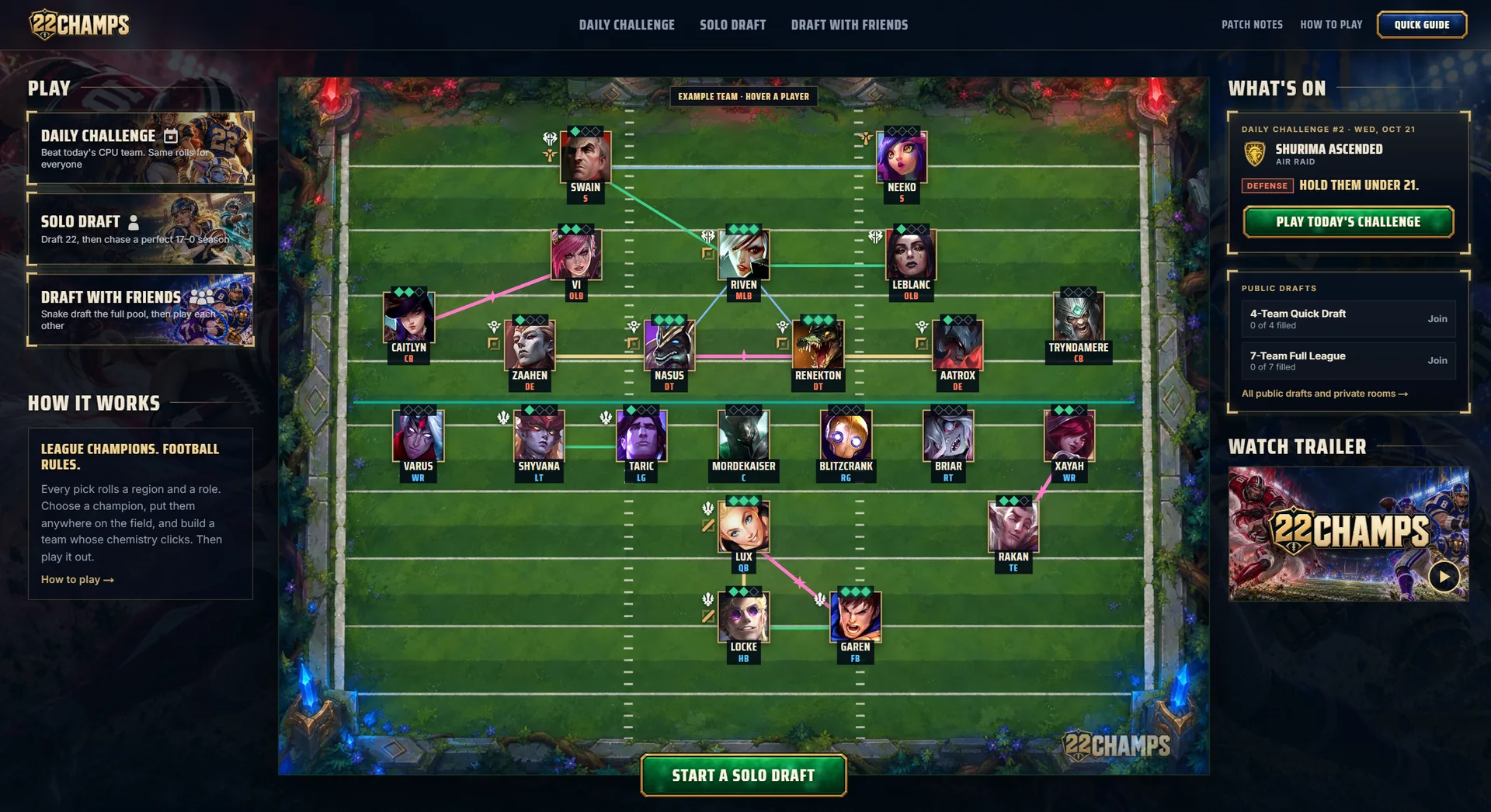 The home page: the three modes on the left, the home page's example team on the field, and today's challenge, the public drafts and the trailer on the right.