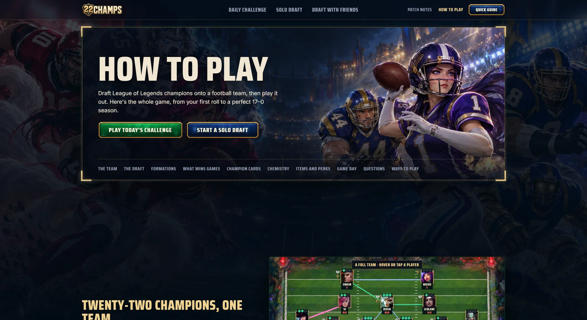 How to Play: the whole game on one page, in tabs, from a real champion card to how drives are decided.