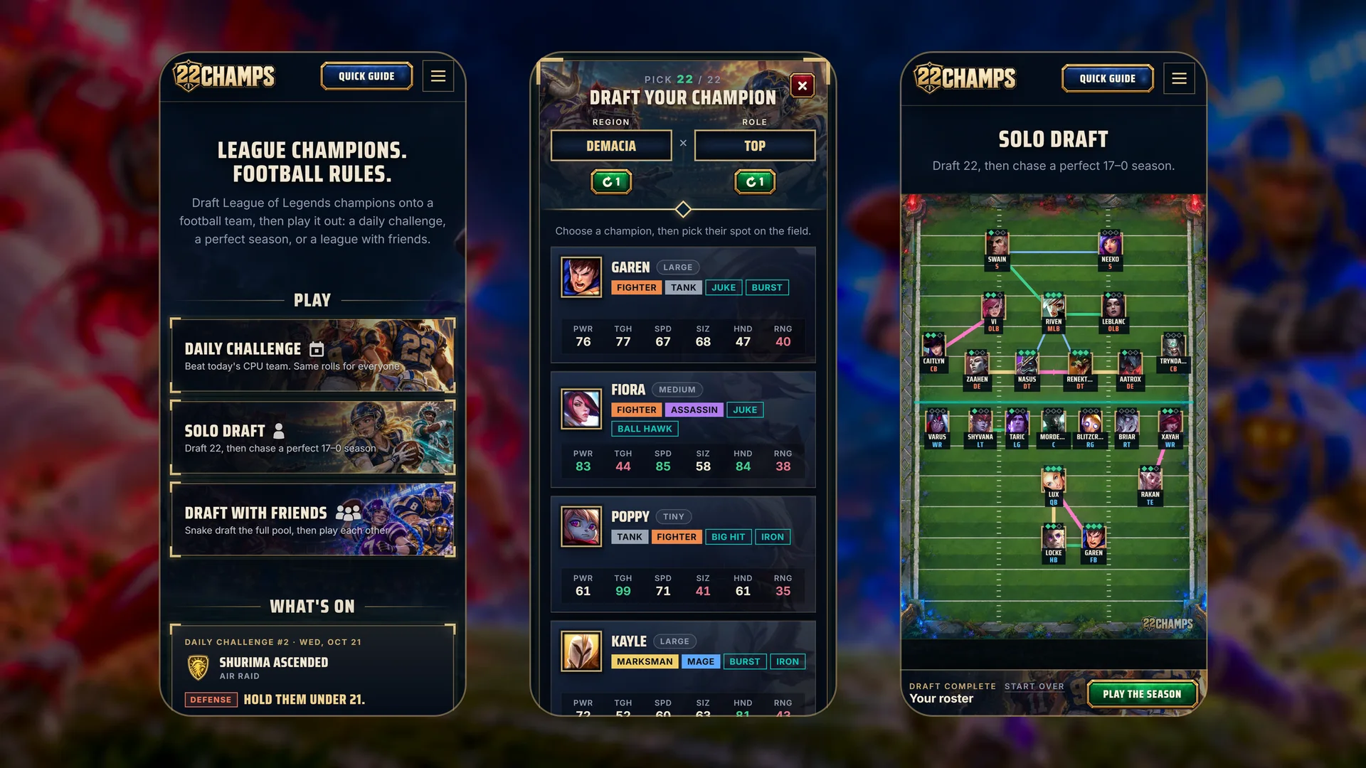 On a phone: the home page, a roll, and a finished roster with Play the Season in the bottom bar.