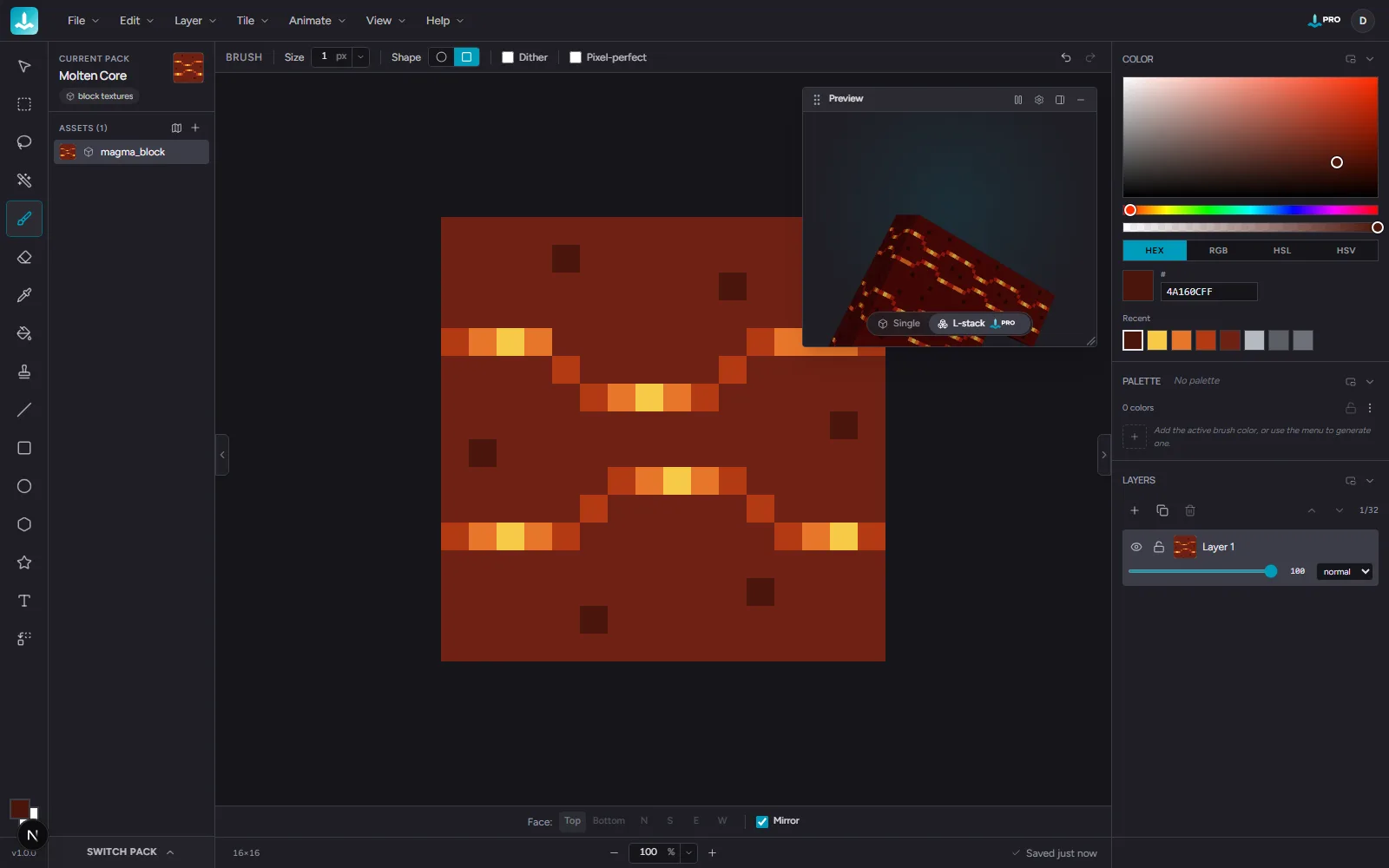 The five-region editor layout: top menu bar, left tool rail, asset switcher, 2D canvas at center with the 3D preview detached as a floating panel, and the right panel for color, palette, and layers.