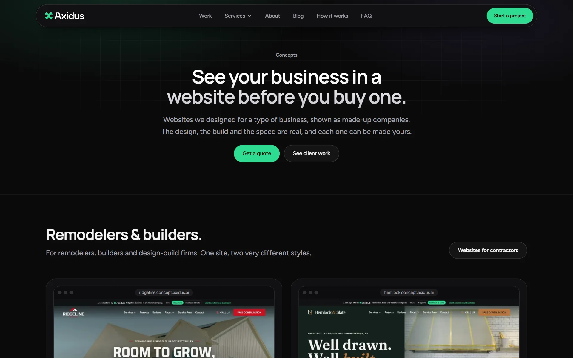 The Concepts page on axidus.ai: see your business in a website before you buy one.