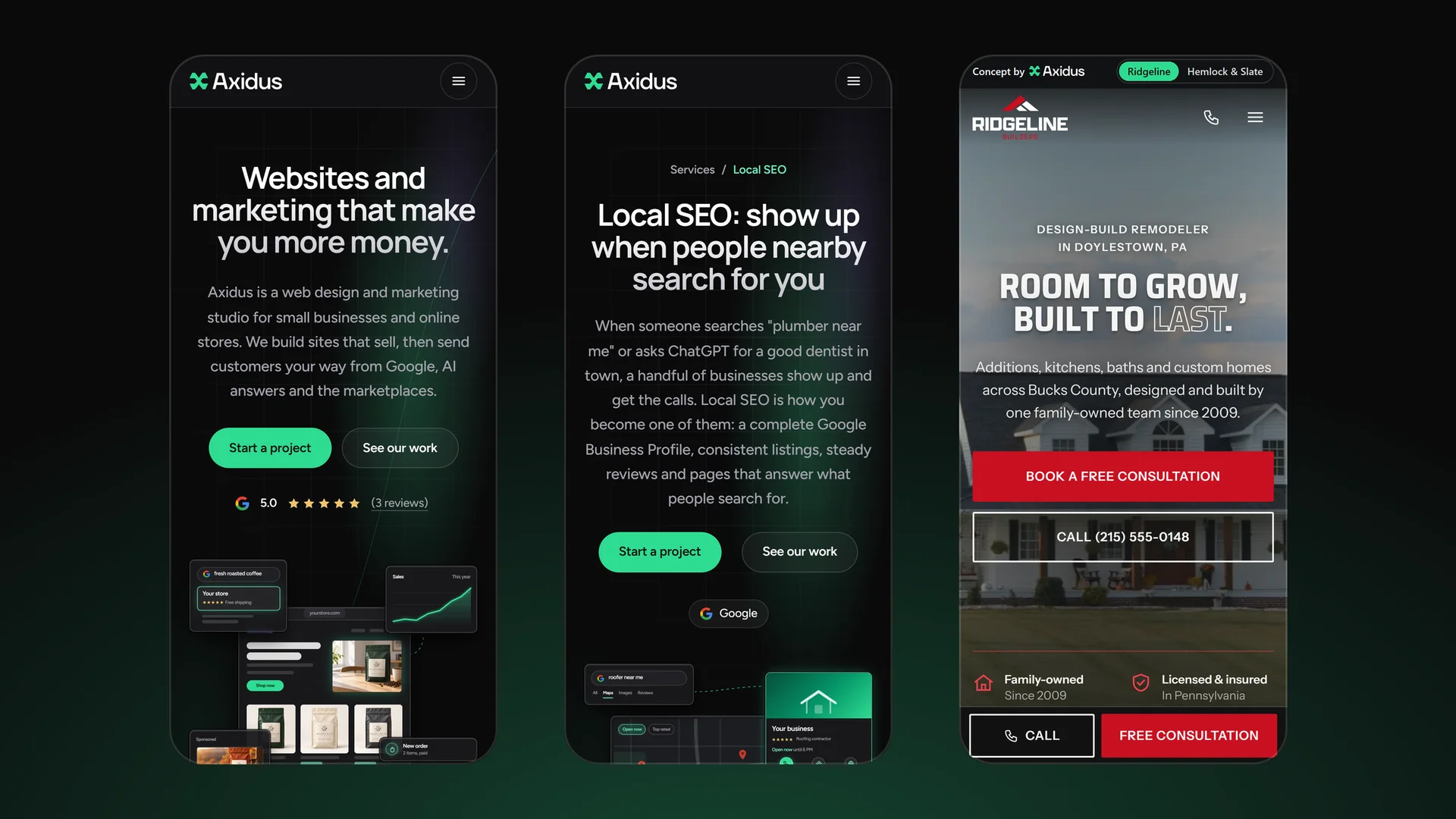 The site on phones: the homepage, a service page, and the Ridgeline concept.