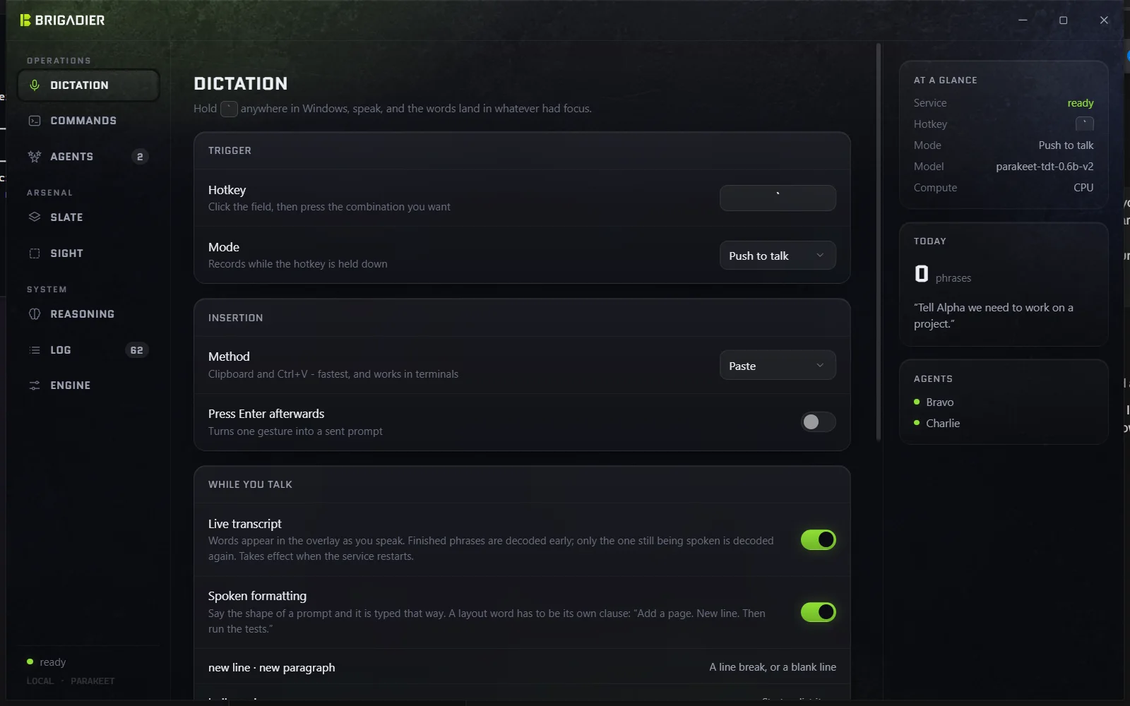 The Dictation page: hotkey, mode, insertion method, live transcript and spoken formatting. The aside on the right is the at-a-glance state: service, model, compute, today's phrases, and which agents are running.