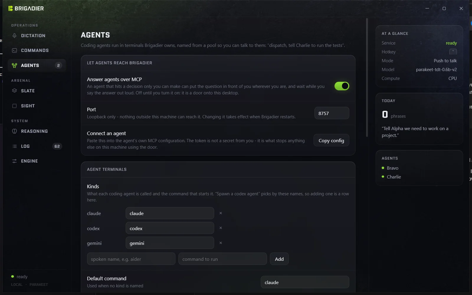 The Agents page: the MCP door, agent kinds (claude, codex, gemini), the working directory and the call-sign pool.
