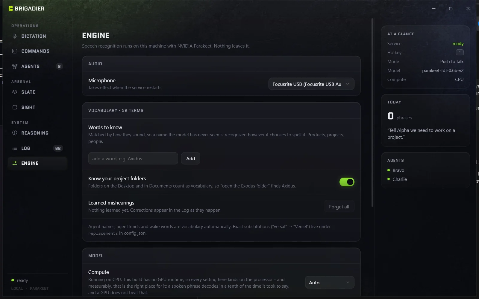 The Engine page: microphone, the vocabulary layer, learned mishearings, and compute (GPU rows shown but disabled, with the reason).
